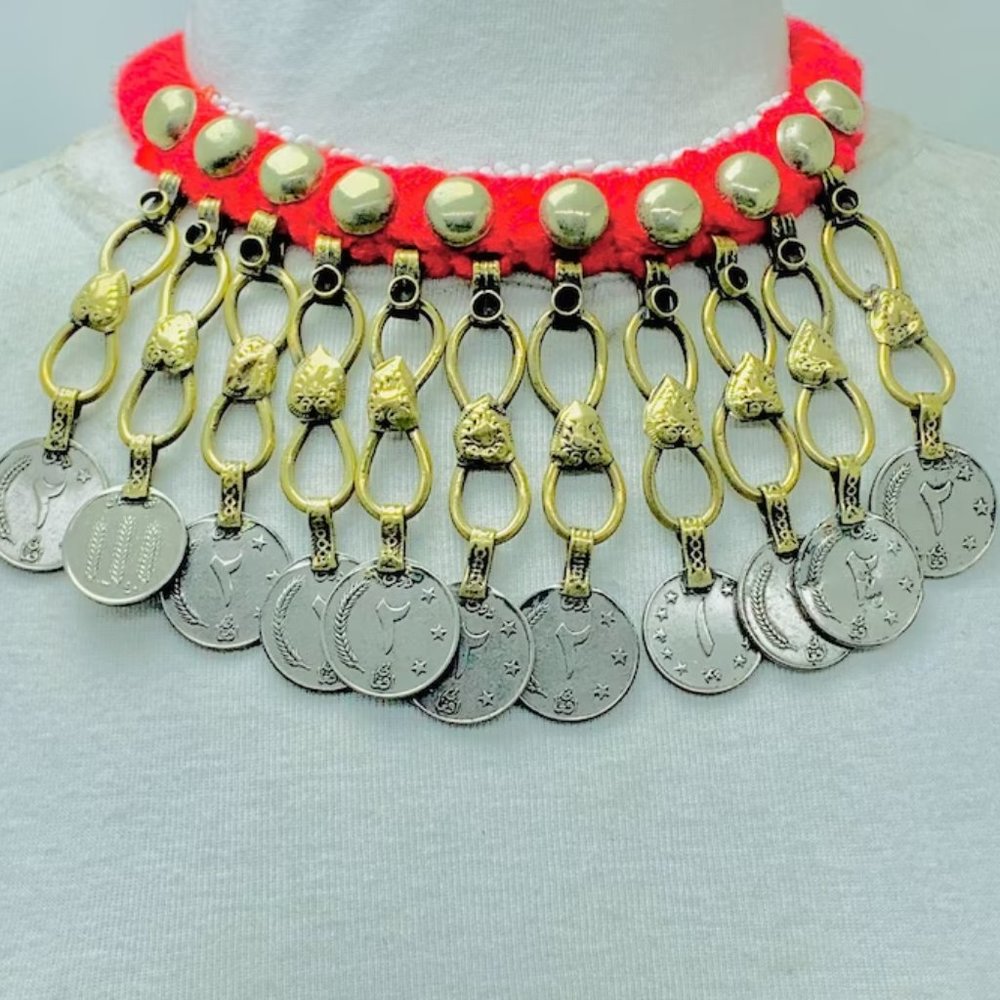 Handmade Tribal Coin Choker Necklace, Red Boho Jewelry